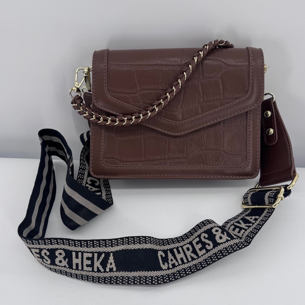 Cahres & Heka Crossbody Bag Women Small‎ Brown Croc Embossed Guitar Strap Chain